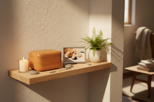 A cozy shelf styled as a pet memorial space with a framed photo, wooden urn, candle, and small plant